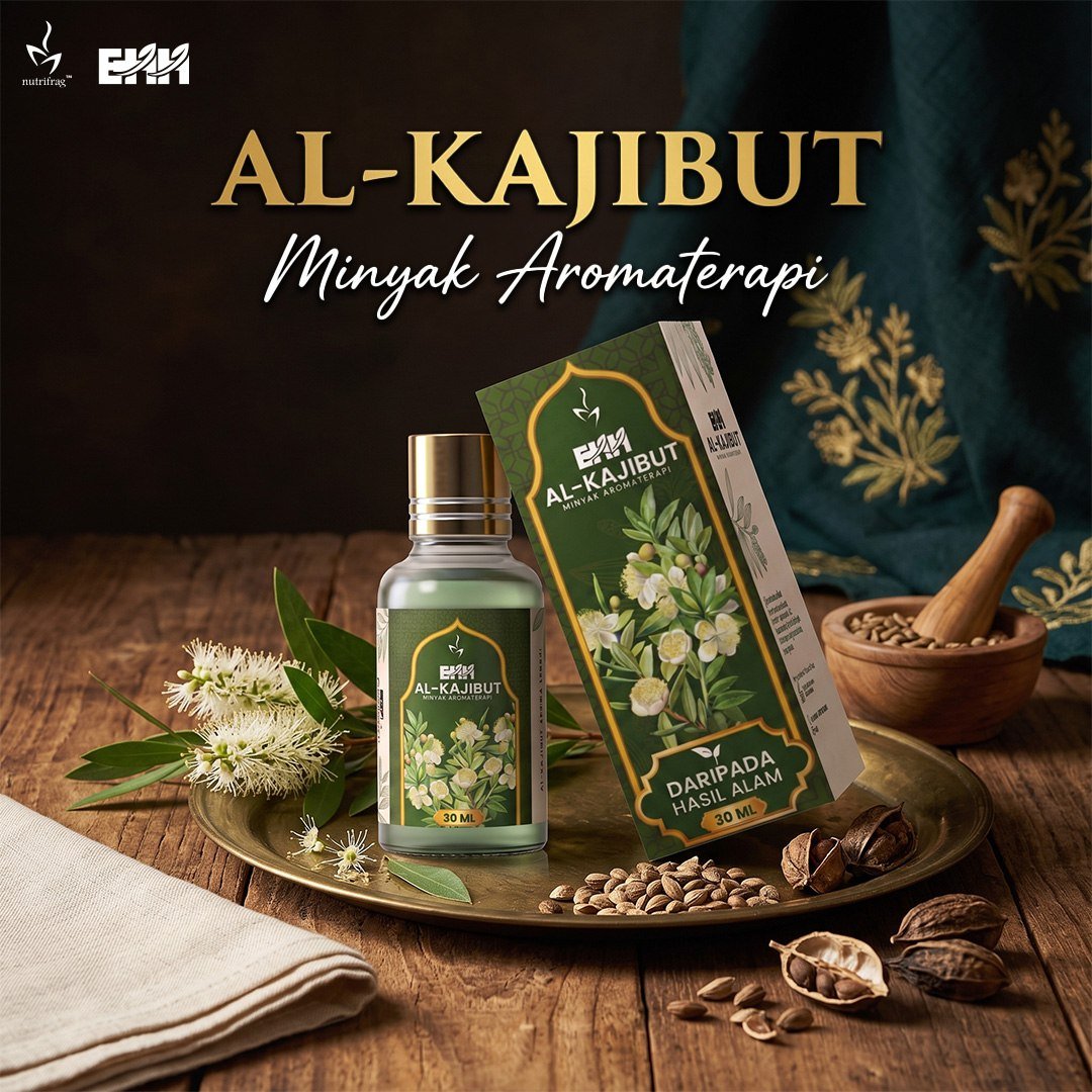 Botol dan kotak Al-Kajibut 30 ml dengan bunga kayu putih dan bahan semula jadi