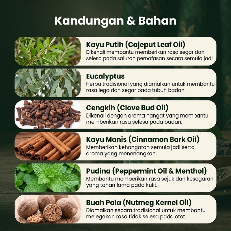 Senarai bahan dalam bahan promosi Al-Kajibut: kayu putih, eucalyptus, cengkih, kayu manis, pudina dan buah pala