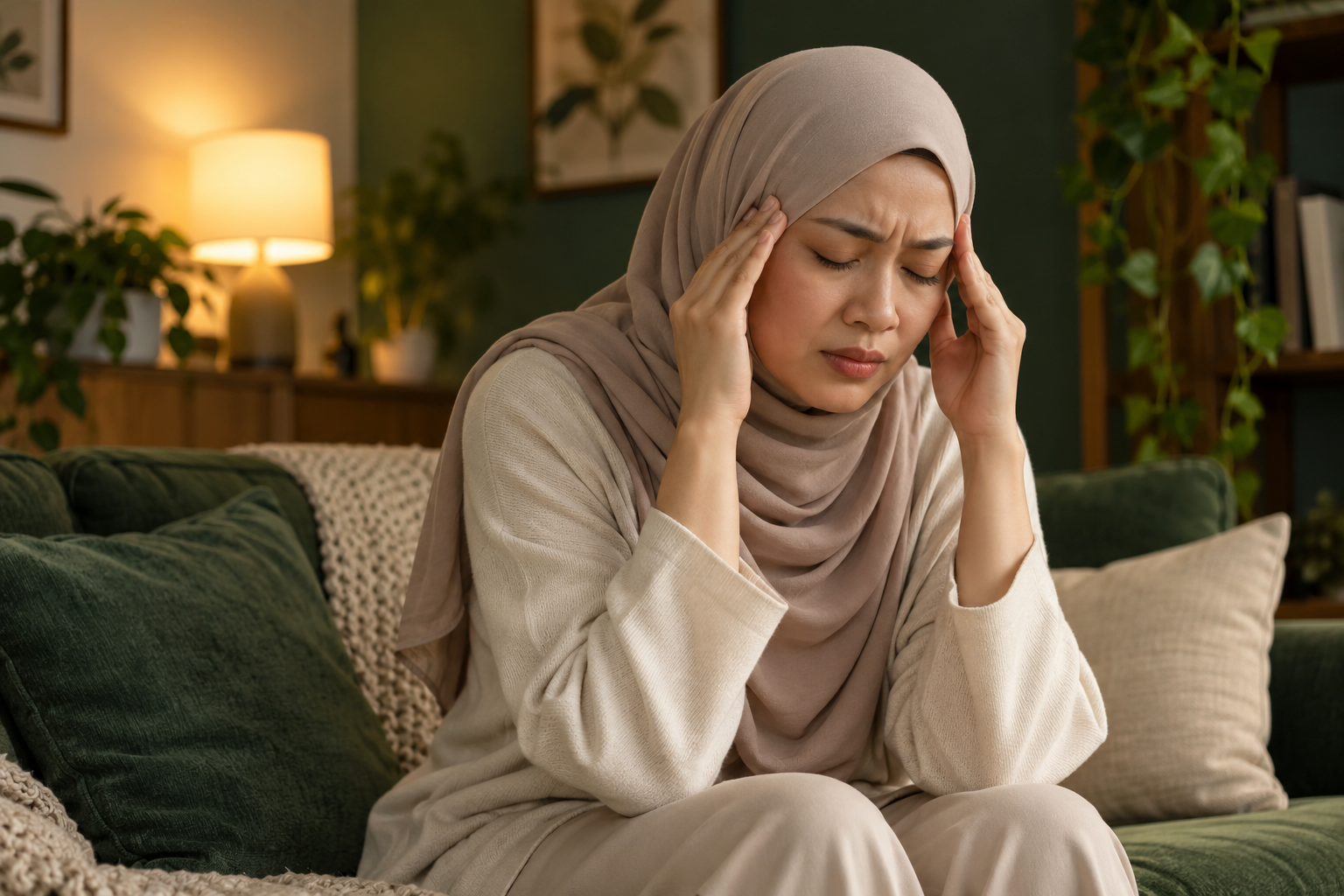 Ilustrasi wanita memegang pelipis ketika sakit kepala